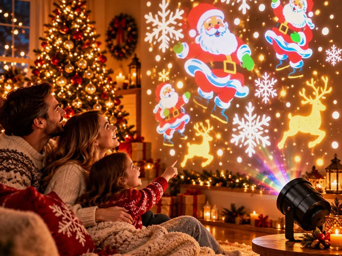 Family watching Holiday Prism Christmas projections across their living room wall