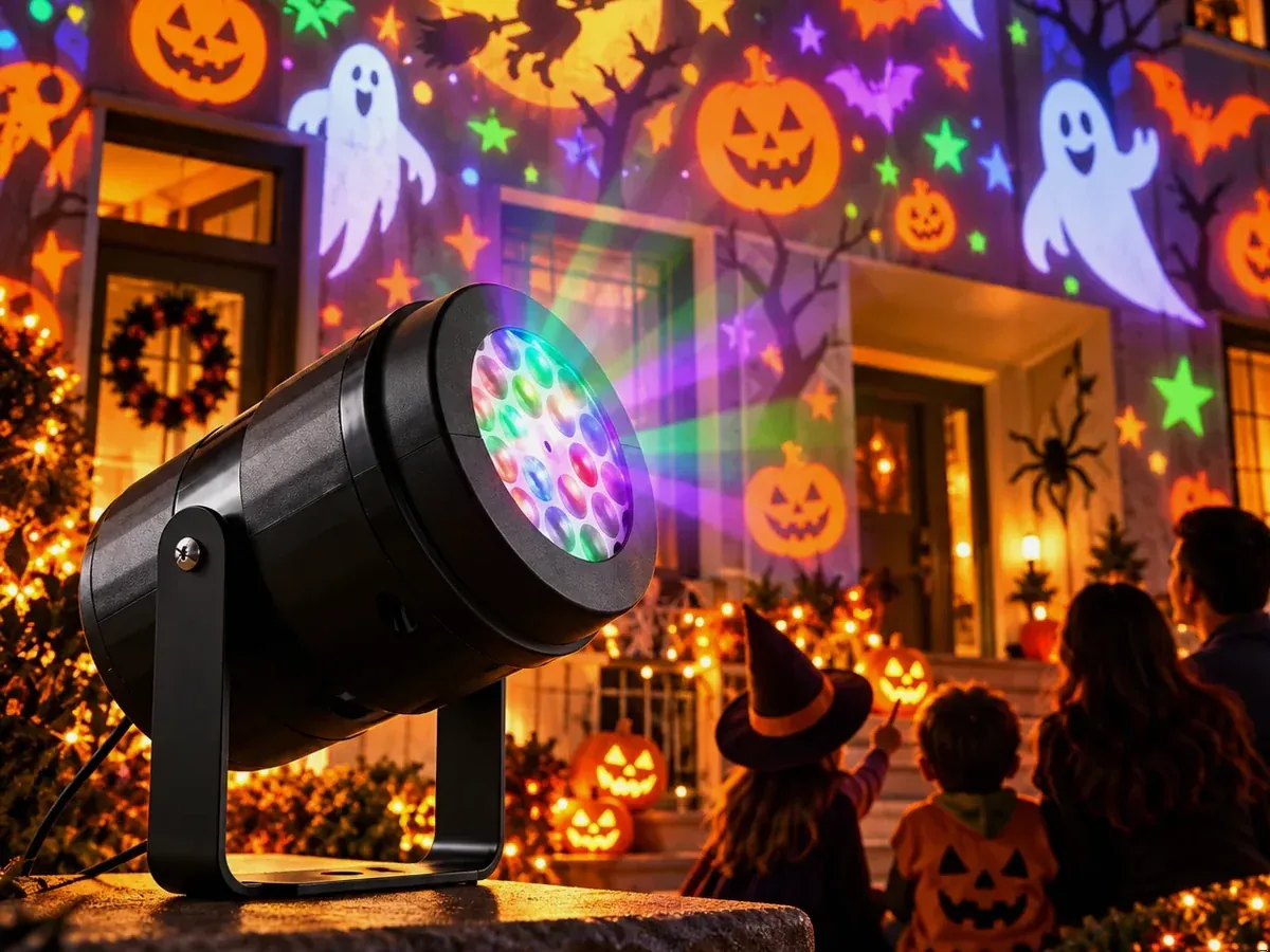 Holiday Prism projector mounted outdoors casting Halloween graphics across a house facade
